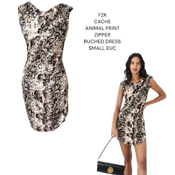 Y2K CACHE ANIMAL PRINT ZIP UP RUCHED DRESS SMALL EUC - Picture 1 of 8